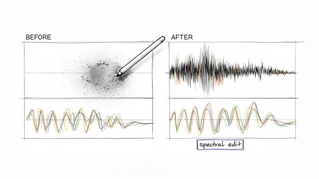 A digital pen edits audio, transforming a noisy signal (BEFORE) into a clean, refined waveform (AFTER) via spectral editing.