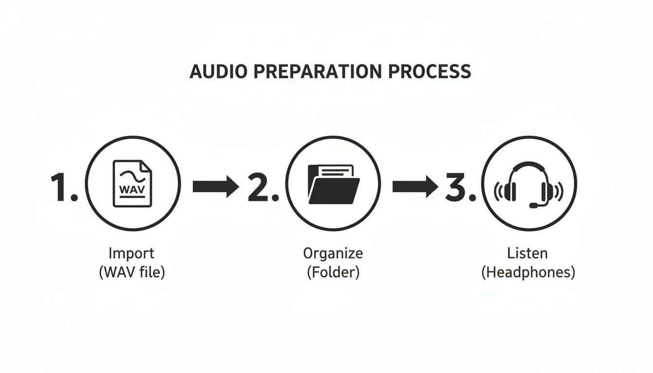 A 3-step diagram showing the audio preparation process: import WAV file, organize in a folder, and listen with headphones.
