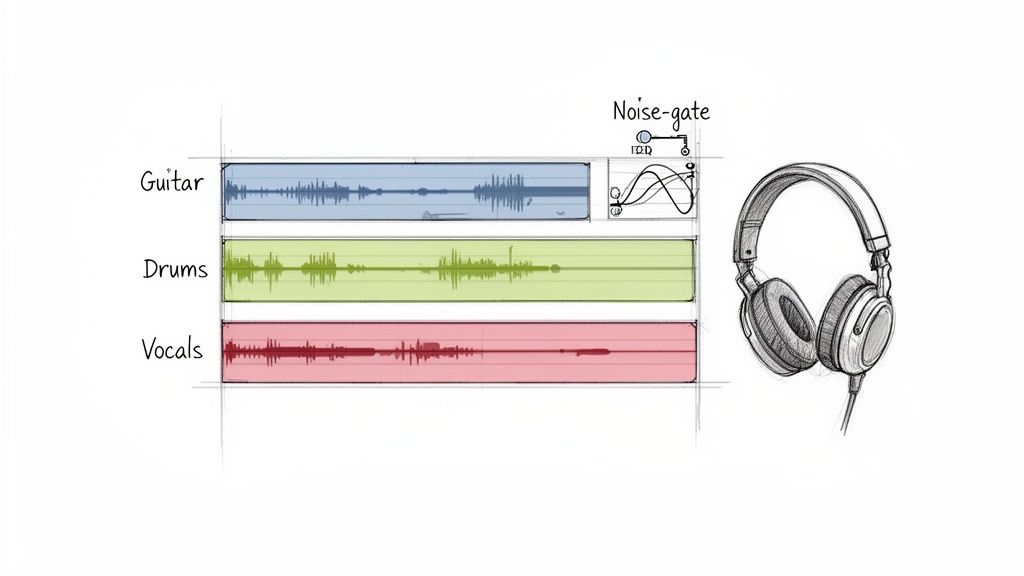 A visual representation of audio mixing, showing separate tracks for guitar, drums, and vocals, with a noise-gate effect and headphones.