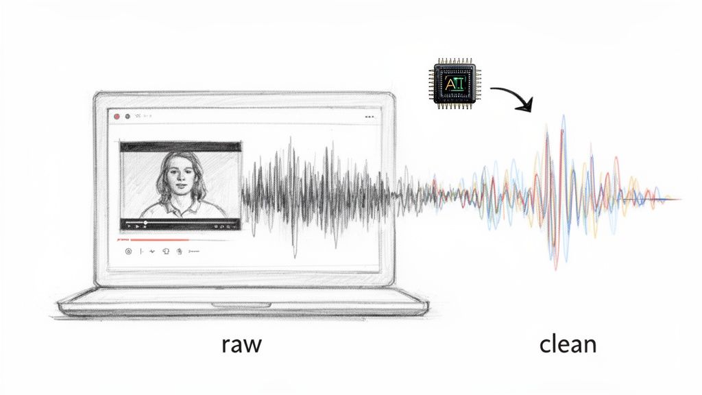 Diagram showing raw audio from a video call processed by an AI chip into clean, enhanced sound.