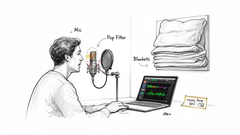 A person records audio with a microphone, pop filter, laptop, and blankets for soundproofing.