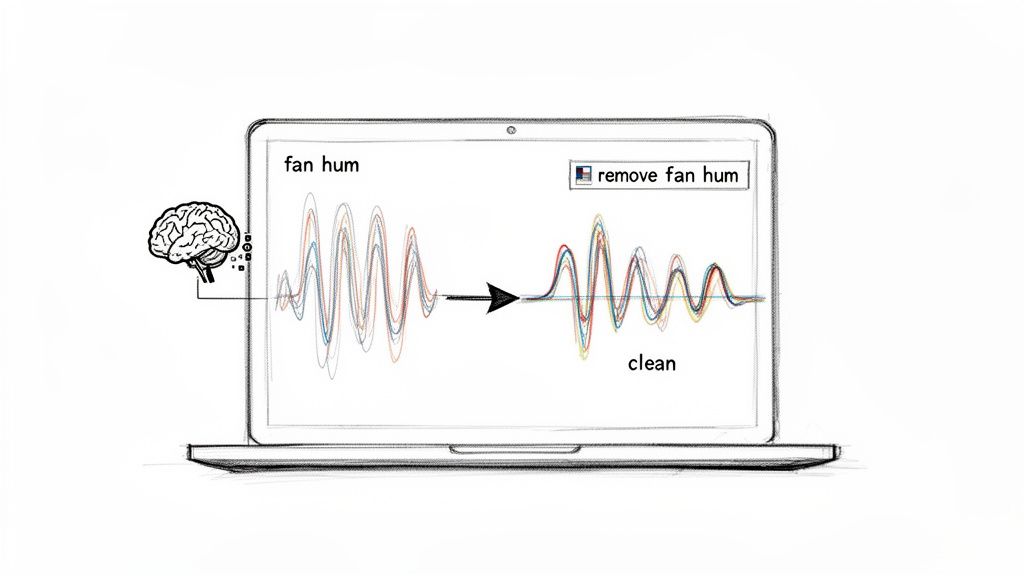 A diagram illustrates a brain-inspired process on a laptop screen removing fan hum from a signal.