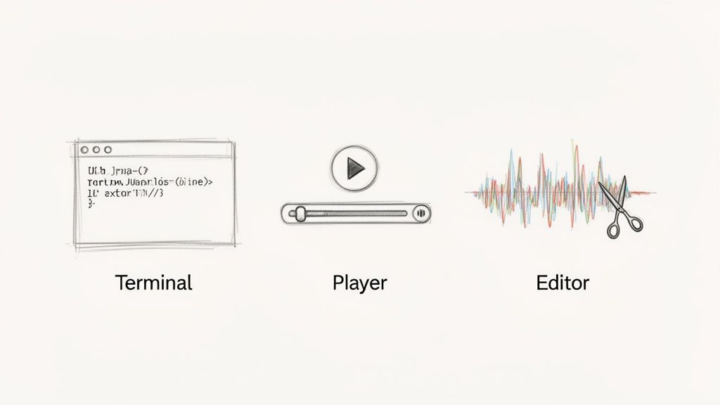Sketches of a terminal window, a media player interface, and an audio waveform editor with scissors.