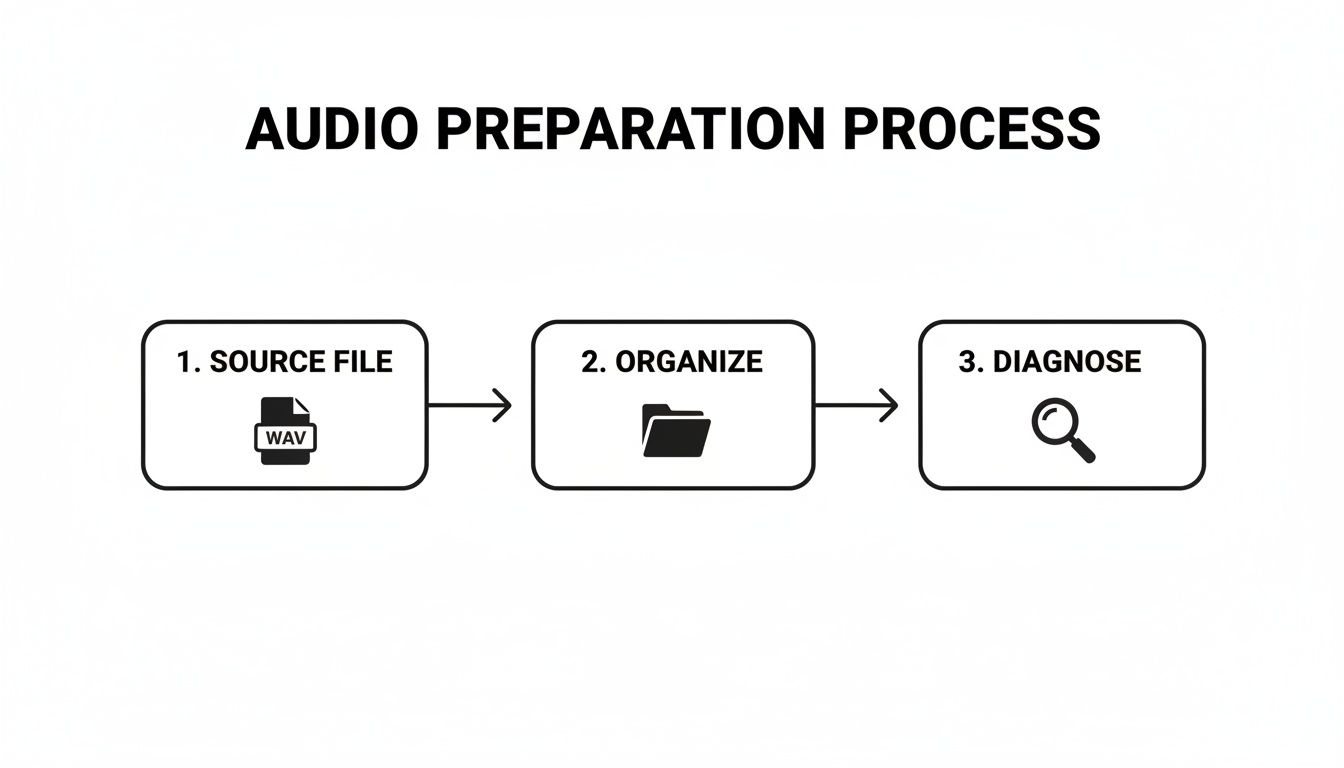 A flowchart illustrating the audio preparation process, detailing steps from source file to organization and diagnosis.