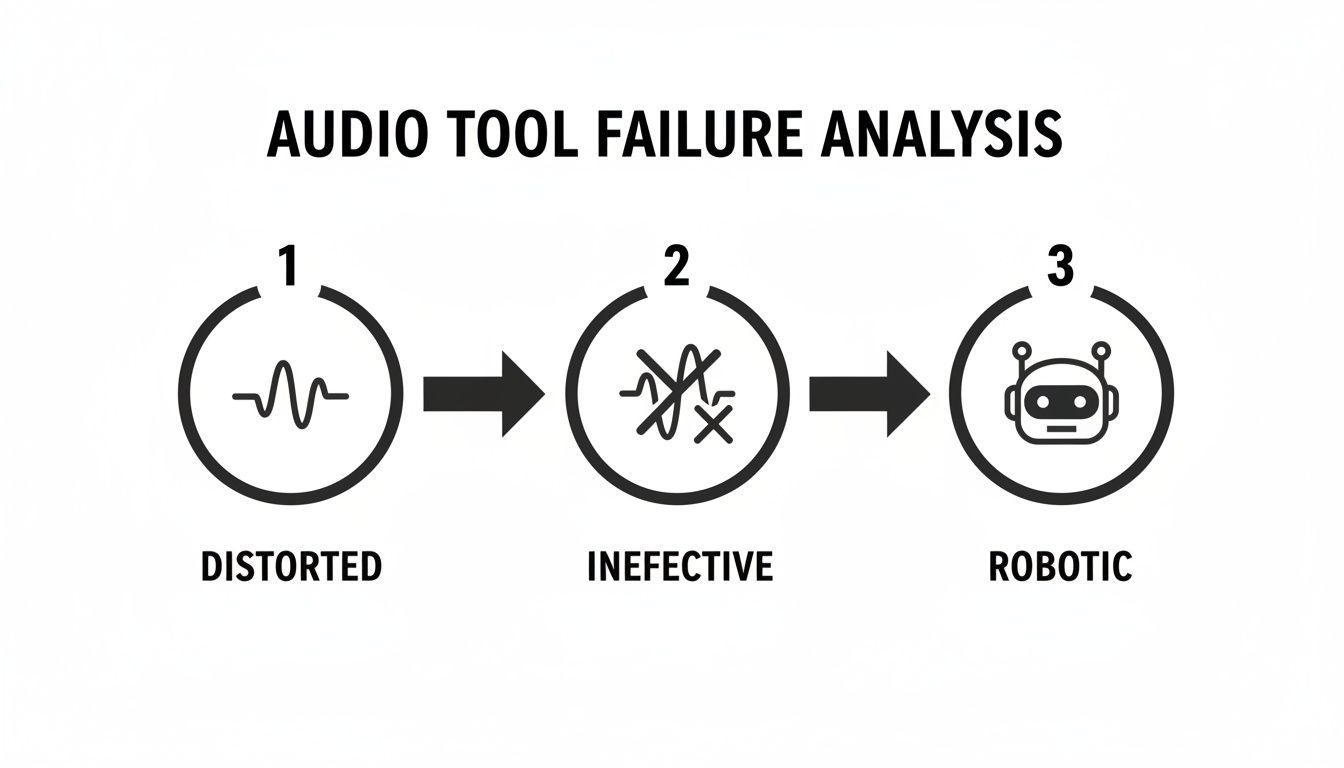 Diagram illustrating audio tool failure analysis, showing stages: distorted, ineffective, and robotic sound.