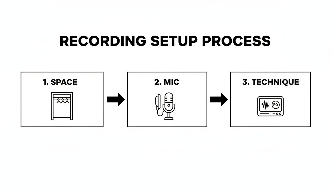 A diagram illustrating the recording setup process, including space, microphone, and technique with EQ.