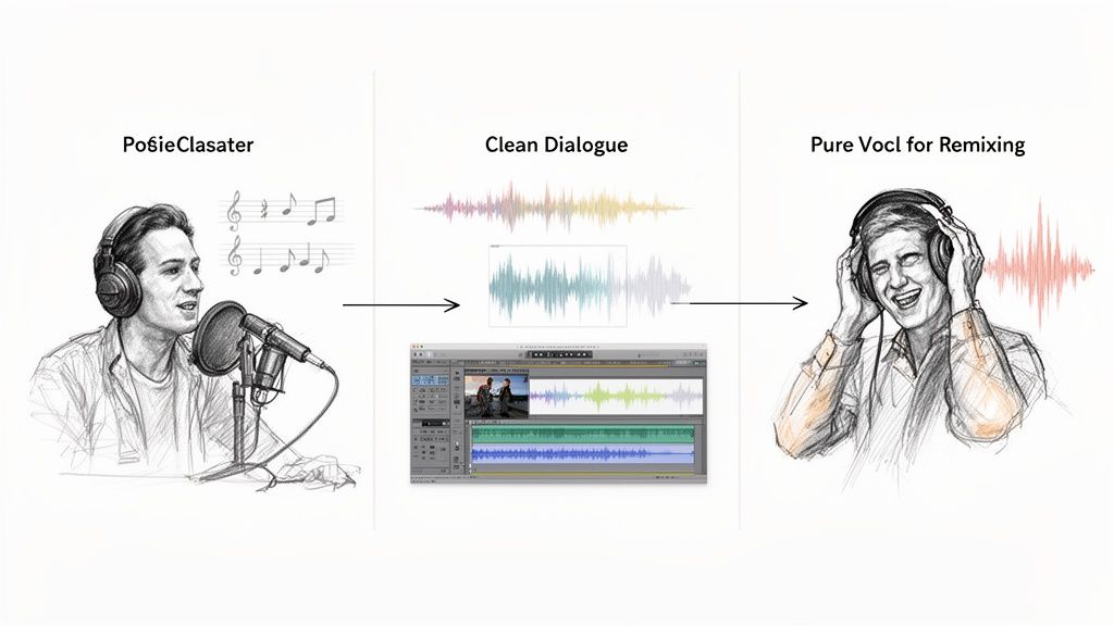A diagram illustrating the workflow of vocal separation, from raw recording to clean dialogue and pure vocals.