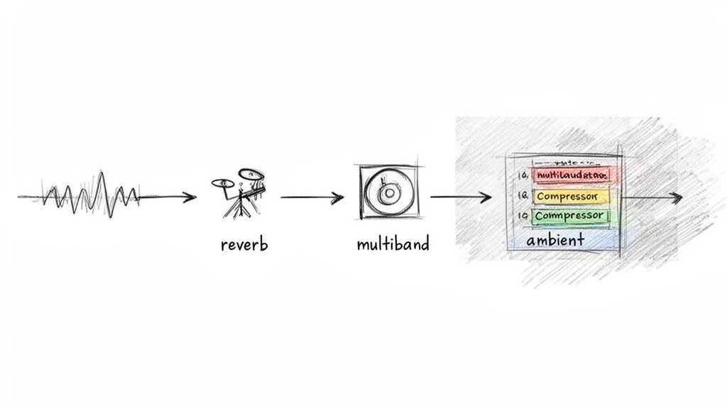 A visual diagram illustrating a multi-step audio processing workflow including reverb, multiband, and compression.