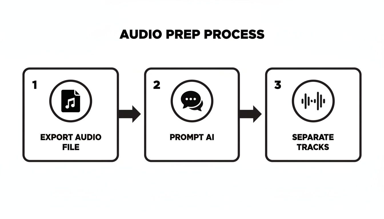 A three-step process diagram showing audio preparation: export file, prompt AI, and separate tracks.