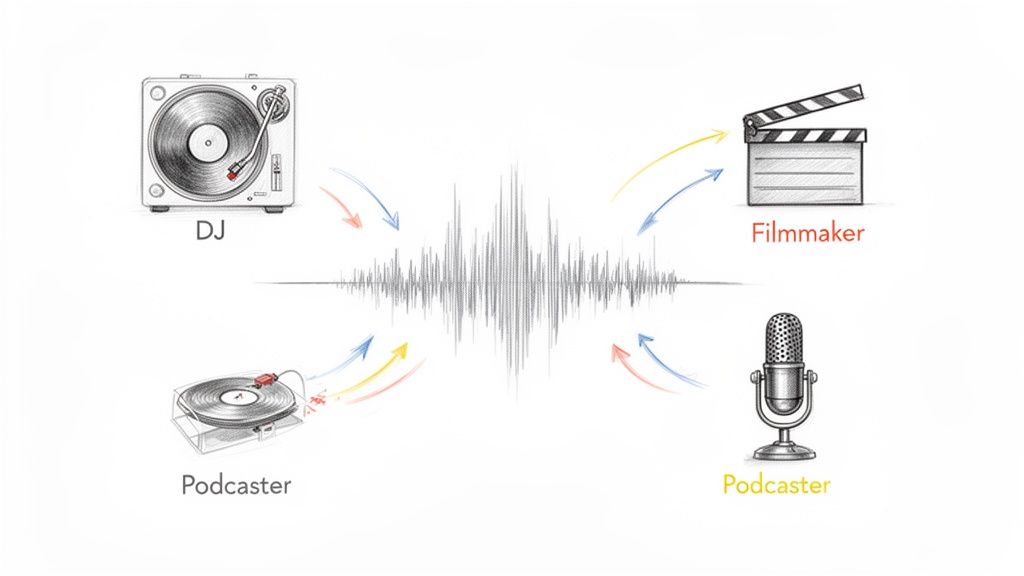 Illustration of various audio creators, like DJs, filmmakers, and podcasters, interacting with sound waves.