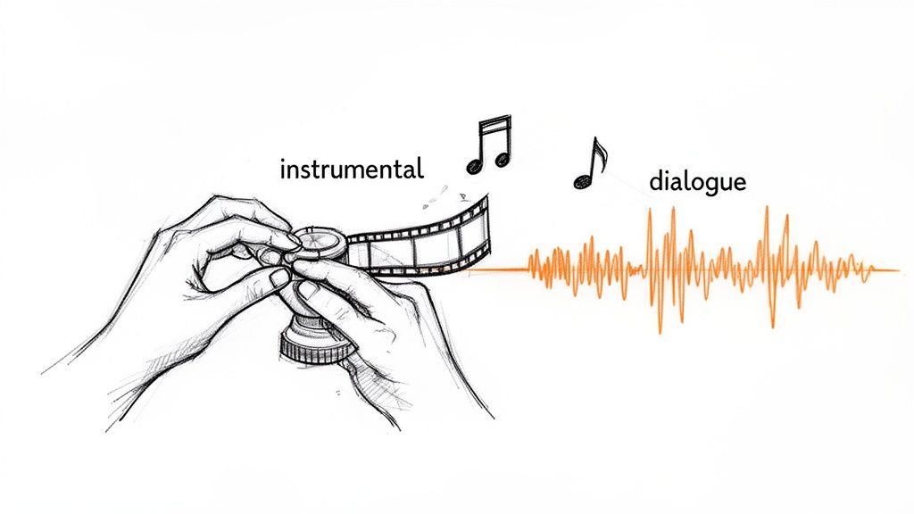 Hands adjusting film reel, with instrumental music notes and a dialogue audio waveform for a video.