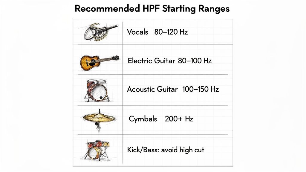 A table showing recommended High Pass Filter (HPF) starting ranges for different musical instruments, including vocals, guitars, and cymbals.
