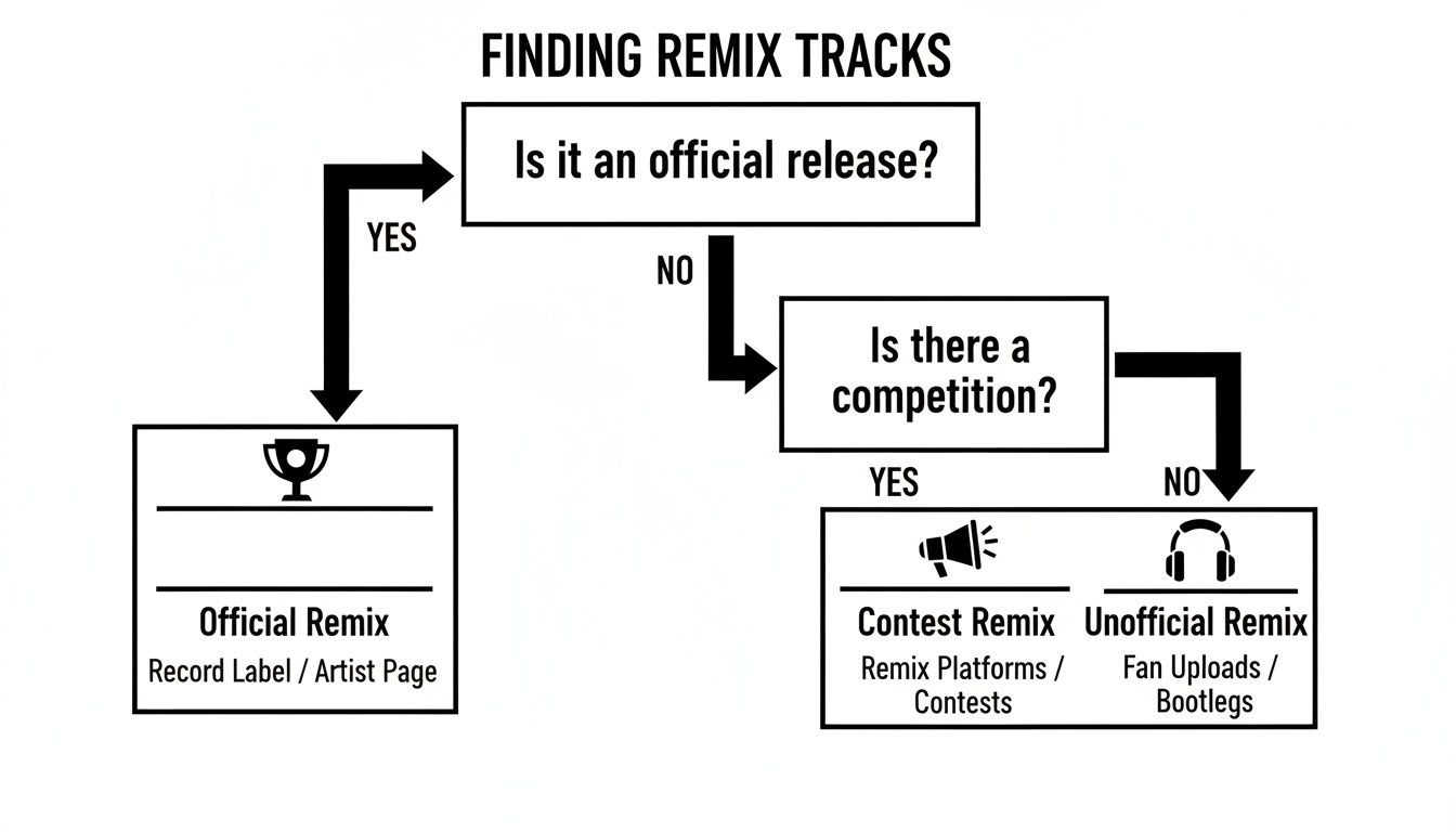 A flowchart showing how to find different types of remix tracks based on official release and competitions.
