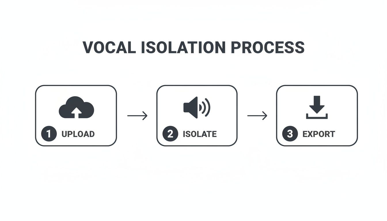 A three-step diagram illustrating the vocal isolation process: upload, isolate, and export audio.