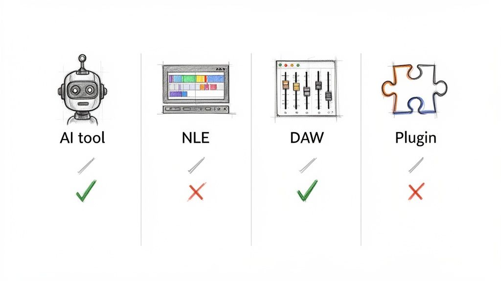 Illustration comparing AI tools, NLEs, DAWs, and plugins with green checks and red crosses.