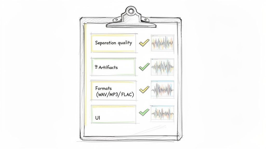 Hand-drawn clipboard checklist evaluating separation quality, artifacts, audio formats, and UI with checkmarks.