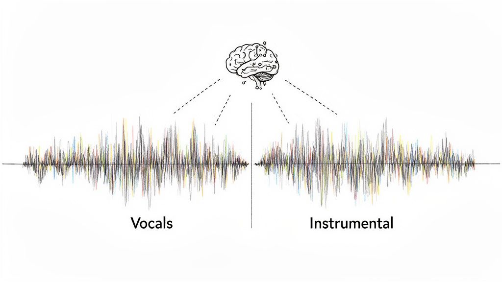 A brain connected to two sound waveforms labeled 'Vocals' and 'Instrumental,' illustrating audio separation.