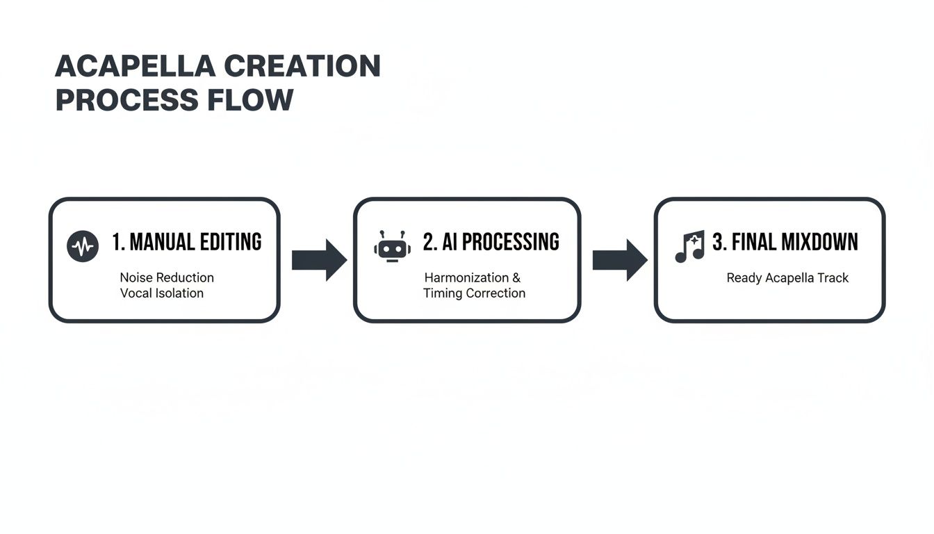 A flowchart illustrating the three-step acapella creation process: manual editing, AI processing, and final mixdown.