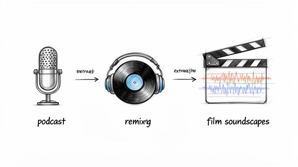 A diagram illustrates converting podcast audio into film soundscapes through remixing, using a microphone, headphones, and clapperboard.
