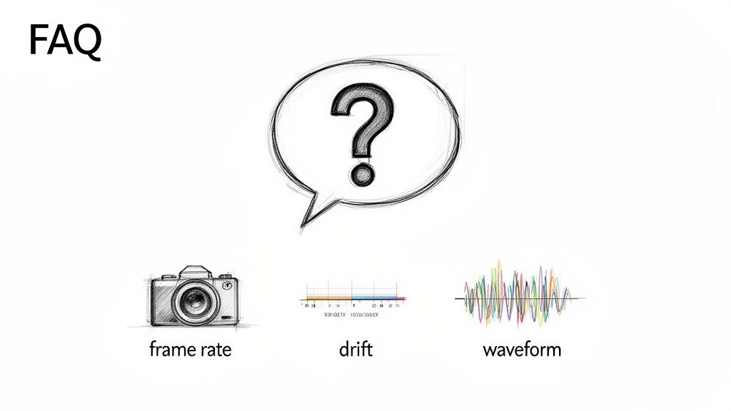FAQ graphic illustrating common synchronization terms: frame rate, drift, and waveform, with relevant icons.