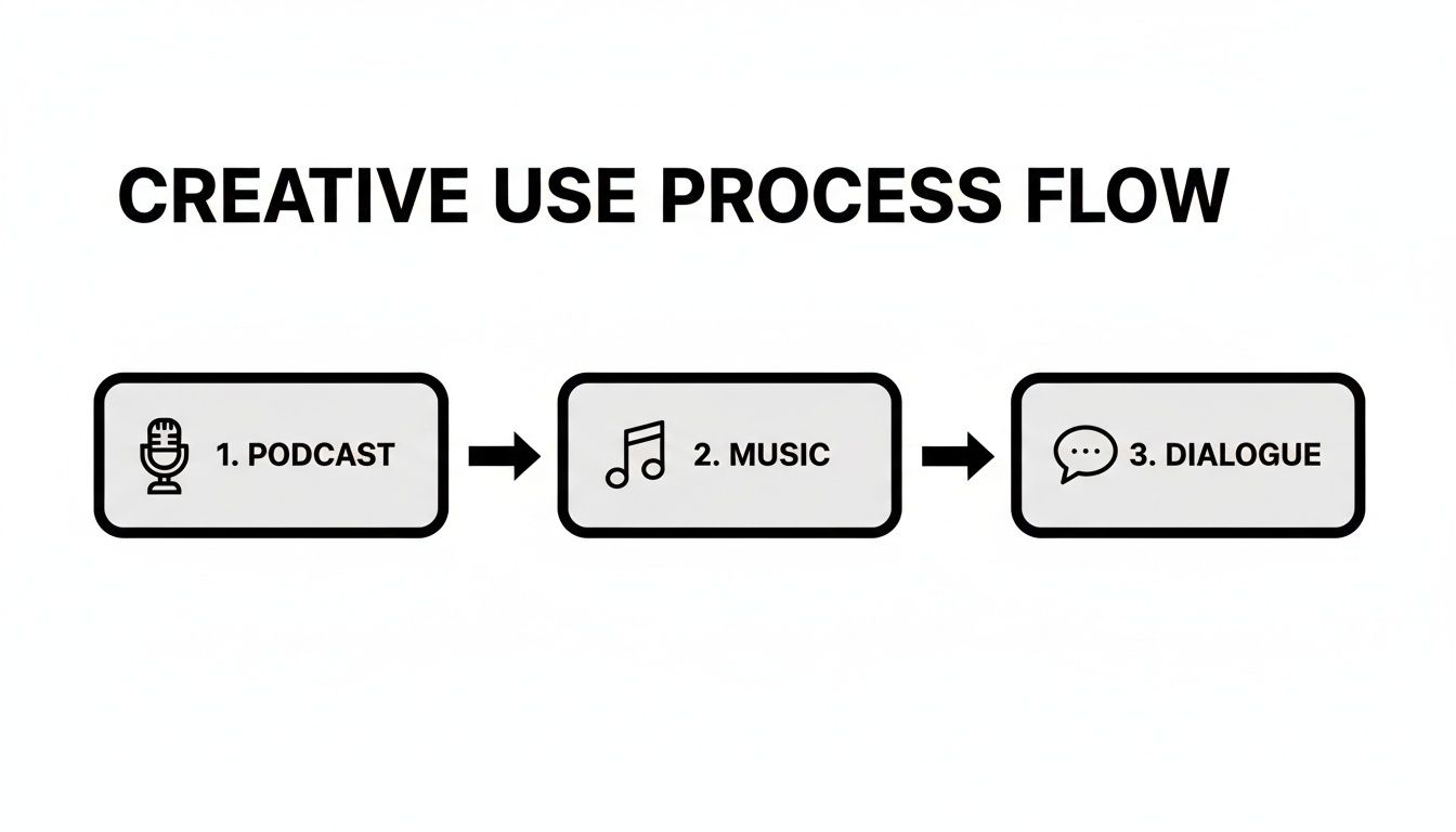 A creative use process flow diagram showing steps: 1. Podcast, 2. Music, and 3. Dialogue.