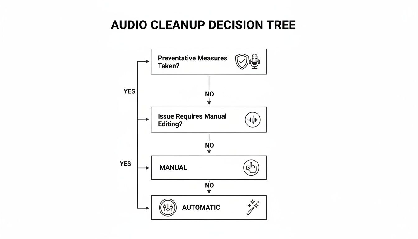 A flowchart titled 'Audio Cleanup Decision Tree' illustrating steps for processing audio, leading to manual or automatic cleanup.