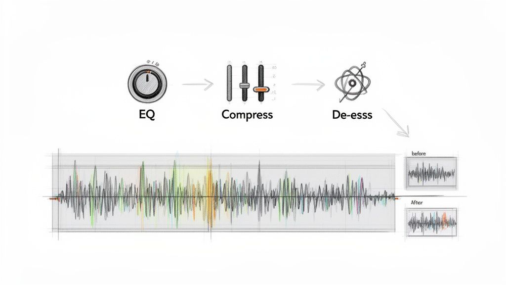 Diagram illustrating audio processing workflow: EQ, Compress, De-ess, with before and after waveform visuals.