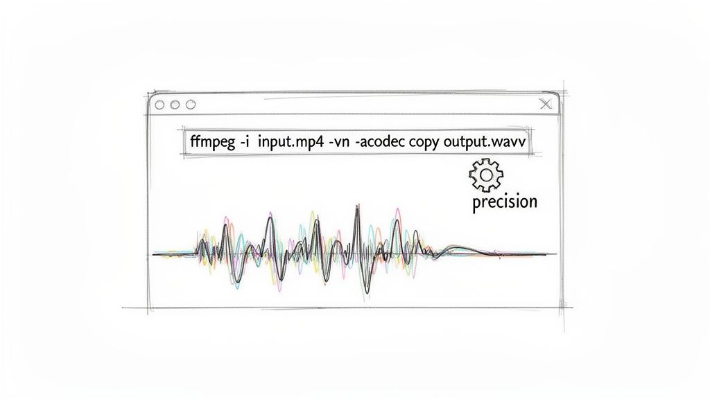 A sketch of a command-line window showing FFmpeg extracting audio from a video file with an audio waveform.