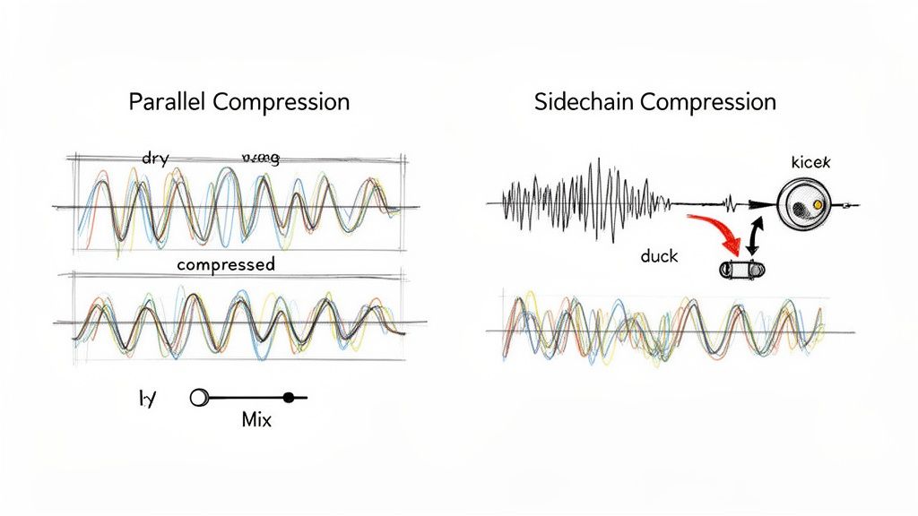Visual explanation of parallel and sidechain audio compression showing waveforms and signal flow.