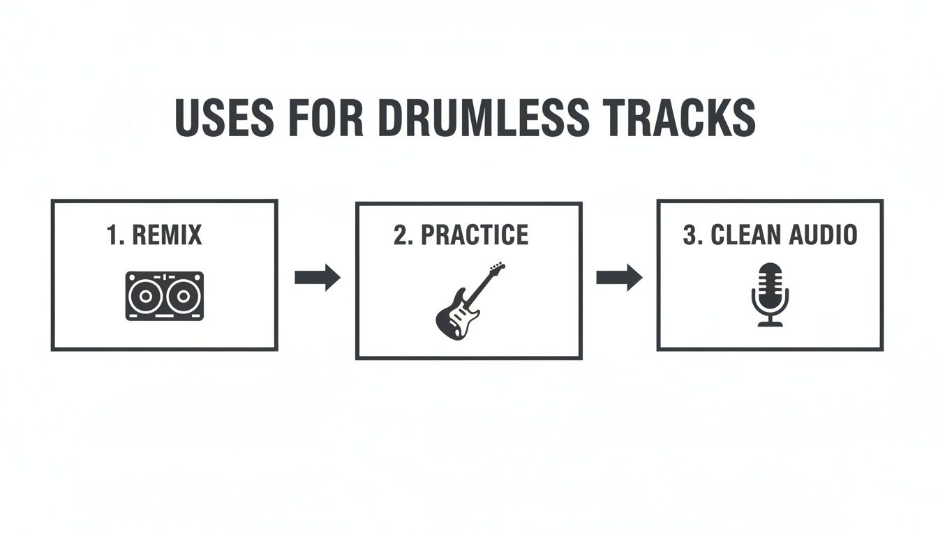 An infographic showing three uses for drumless tracks: 1. Remix with a boombox, 2. Practice with a guitar, and 3. Clean Audio with a microphone.