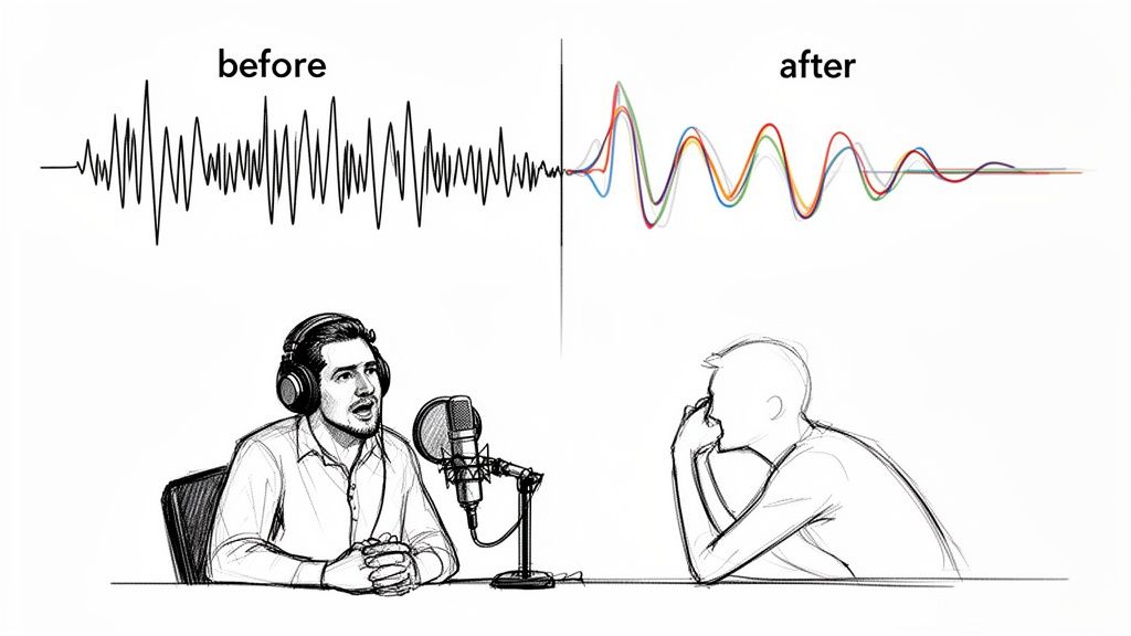 Illustration of 'before' noisy and 'after' clear audio waveforms, with a podcaster and listener.