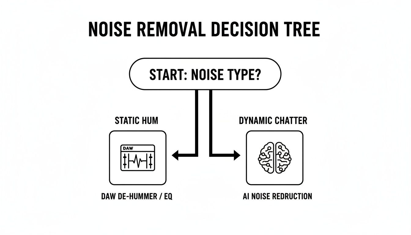 A decision tree for audio noise removal, guiding users to use DAW tools for static hum or AI for dynamic chatter.