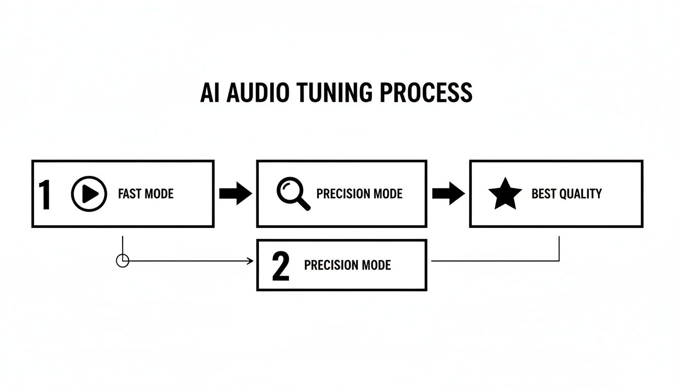 A flowchart detailing the AI Audio Tuning Process, showing two paths from Fast Mode through Precision Mode to Best Quality.