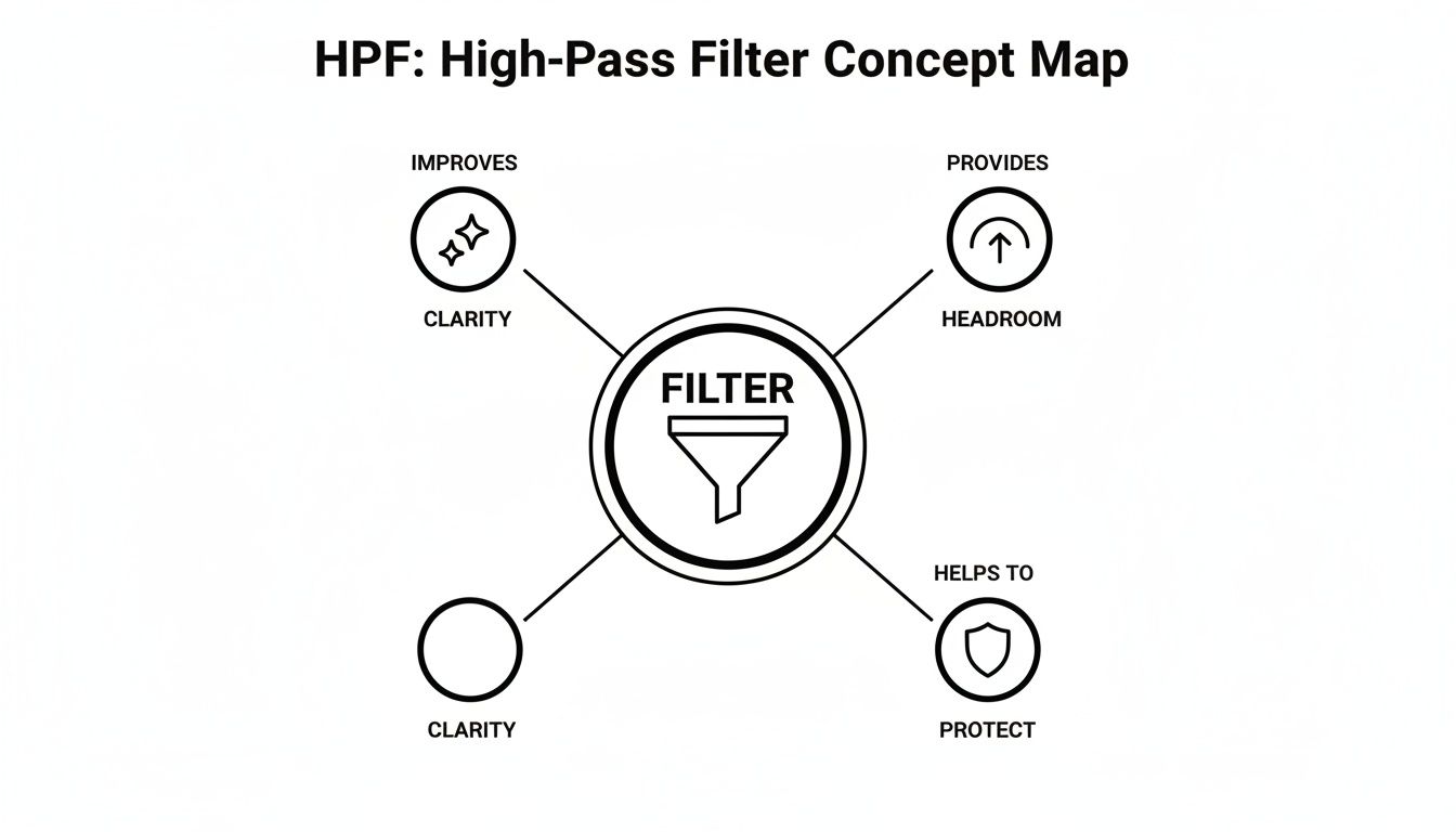 A concept map showing High-Pass Filter benefits: improved clarity, headroom, and protection.