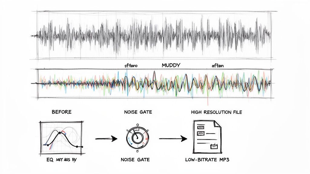Diagram illustrating audio processing, showing original waveforms, noise gating, and high vs low-resolution audio files.