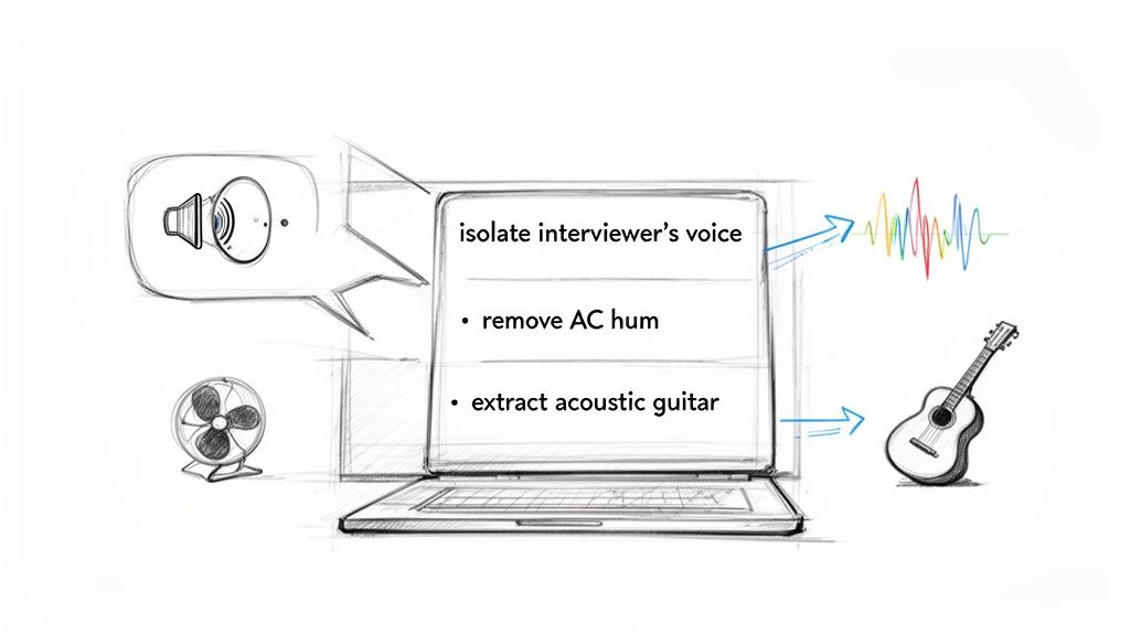 An illustration of a laptop demonstrating AI audio cleanup by isolating voice, removing hum, and extracting guitar.