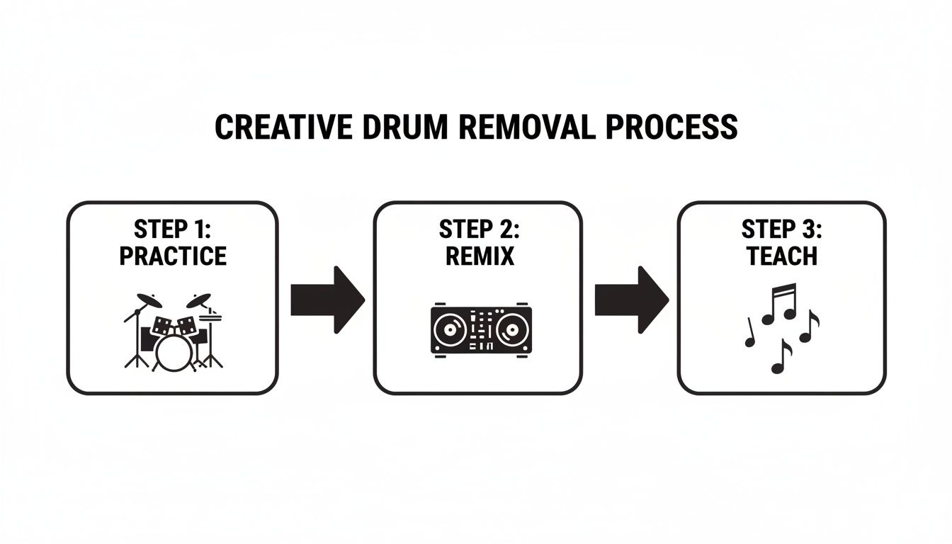 A diagram titled 'Creative Drum Removal Process' showing three steps: Practice (drum set), Remix (DJ mixer), and Teach (music notes).