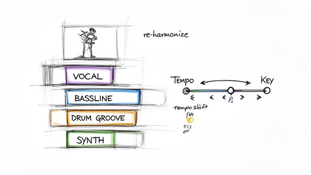 Illustration of music re-harmonization, detailing vocal, bassline, drum groove, synth tracks, and tempo/key controls.