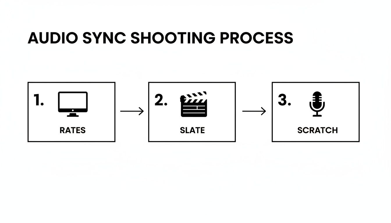 A three-step diagram illustrates the audio sync shooting process with icons for rates, slate, and scratch.