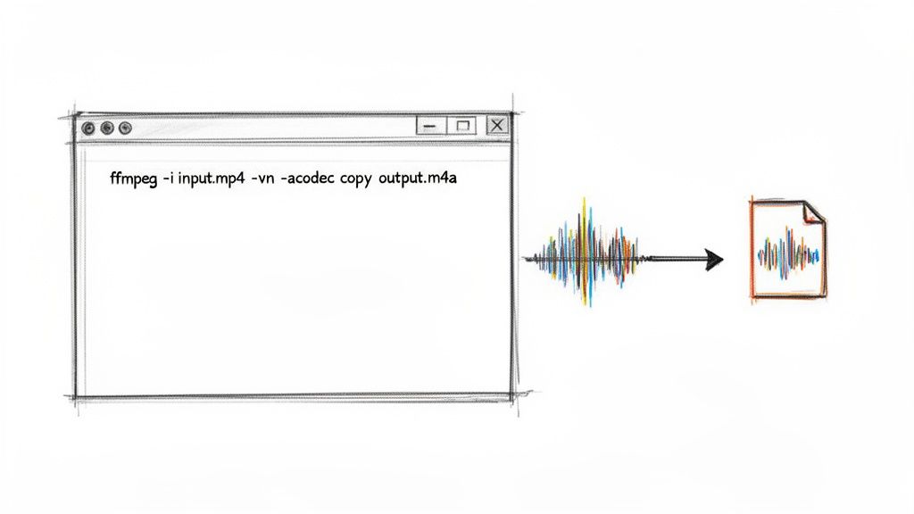 An FFmpeg command extracts audio from a video file into a new audio file, illustrated with waveforms.