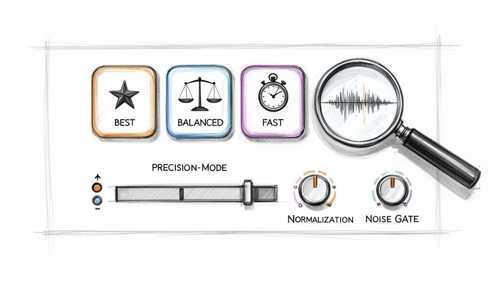 A sketch of an audio processing interface with settings for quality, speed, precision, normalization, and noise gate.