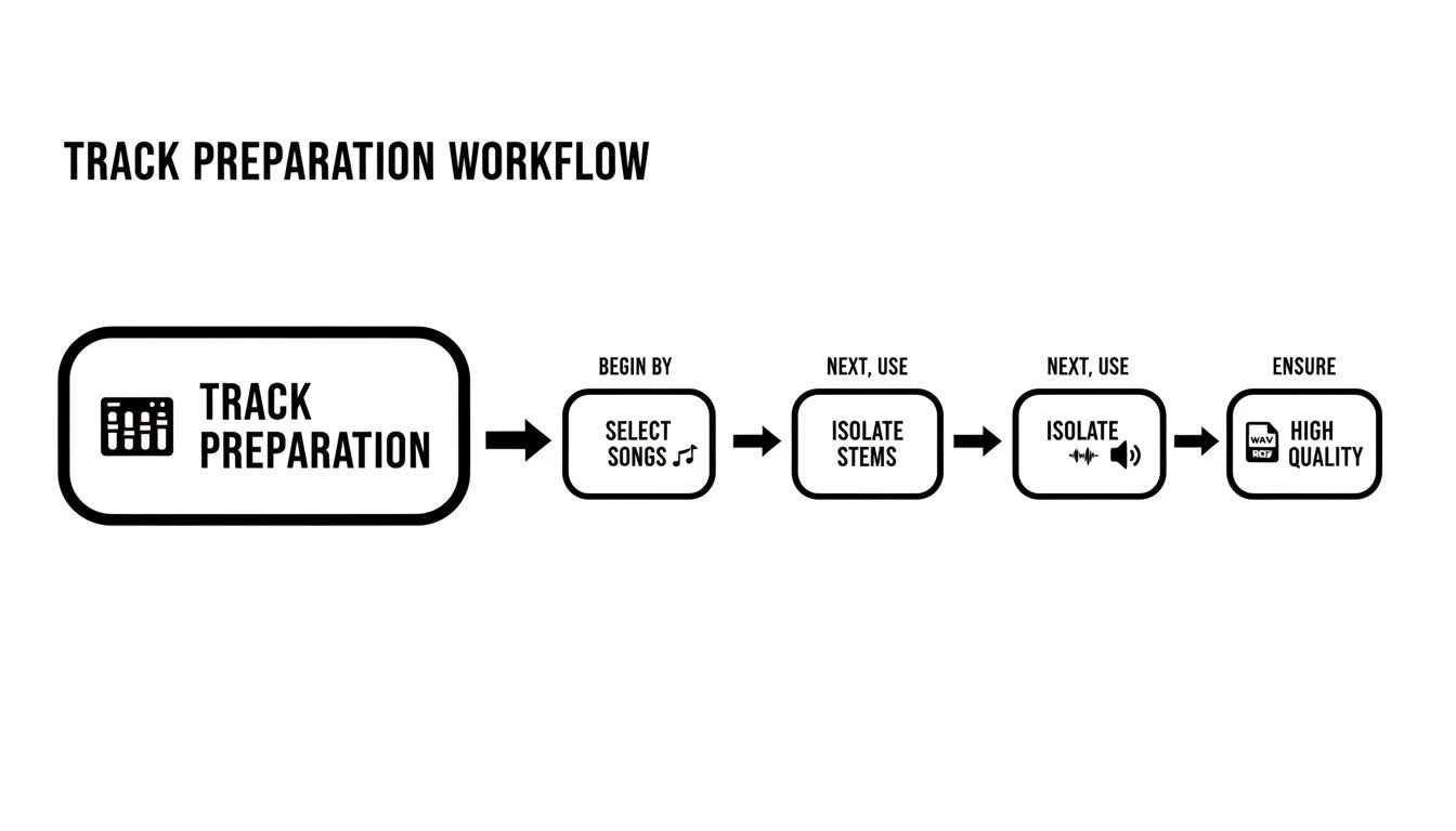 Flowchart detailing a track preparation workflow: select songs, isolate stems, isolate audio, and ensure high quality.