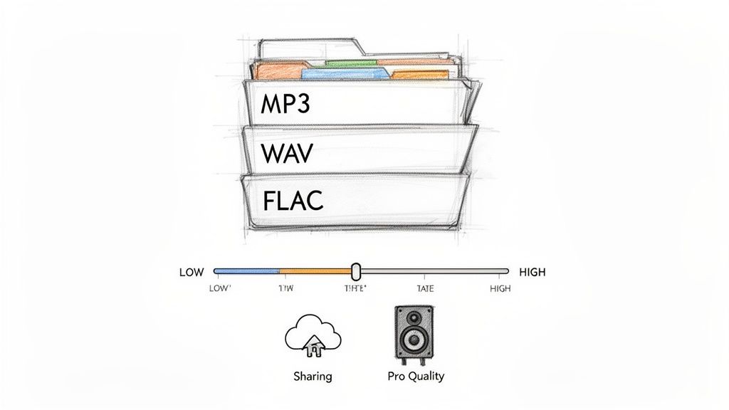 Visual guide comparing MP3, WAV, FLAC audio formats, their quality levels, and uses for sharing or professional audio.