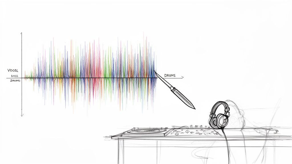 Artistic sketch showing a colorful sound wave with vocal, bass, and drums, being edited with a knife near DJ gear.