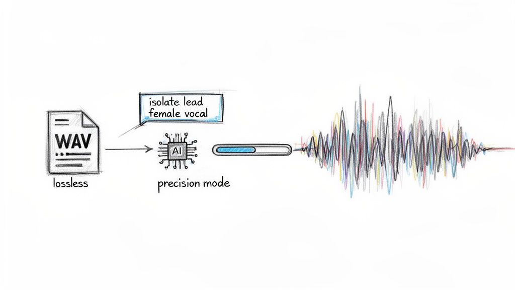 A diagram shows a lossless WAV file being processed by AI to isolate a lead female vocal, represented by a colorful audio waveform.