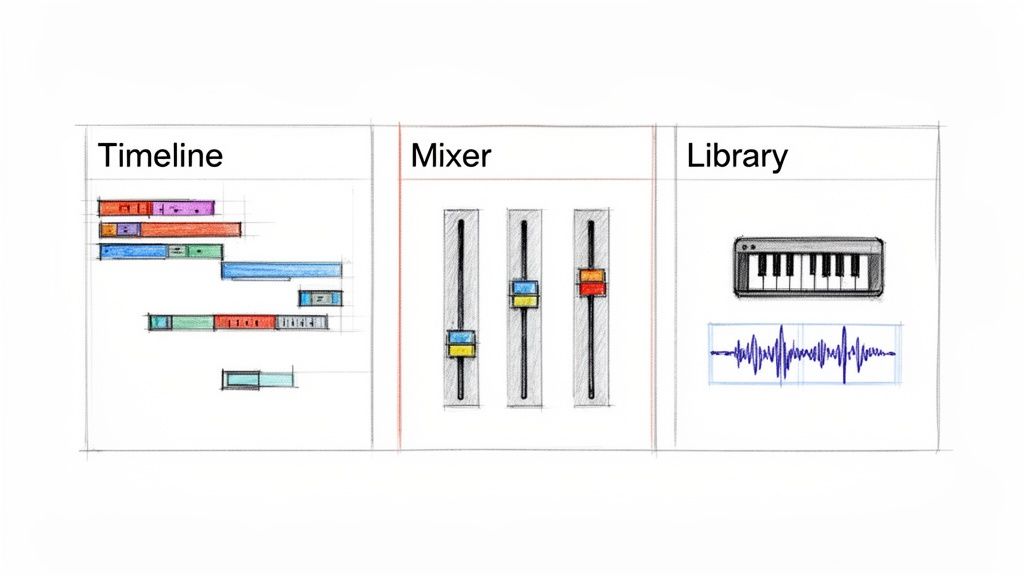 A hand-drawn sketch of a music production software interface showing timeline, mixer, and library features.