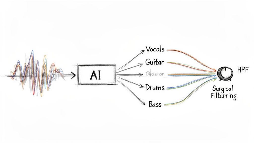 Diagram showing AI separating an audio waveform into distinct instrumental tracks like vocals, guitar, drums, and bass, then applying surgical high-pass filtering.