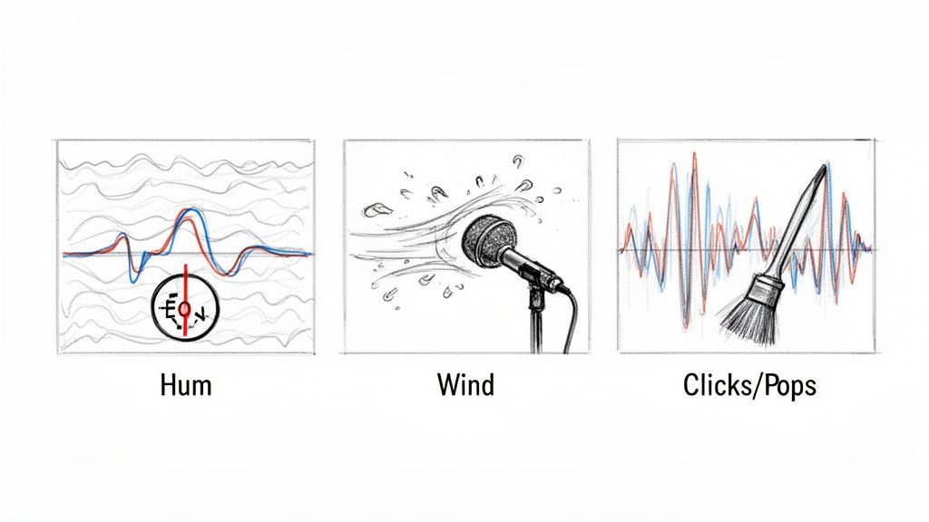 Diagram illustrating common audio noise types: hum, wind, and clicks/pops with their waveforms and causes.
