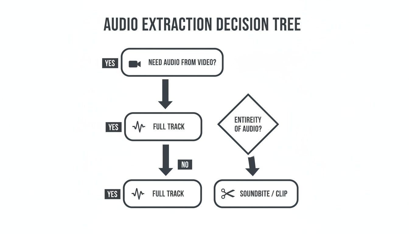 A flowchart detailing decisions for audio extraction from video, including full tracks and soundbites.