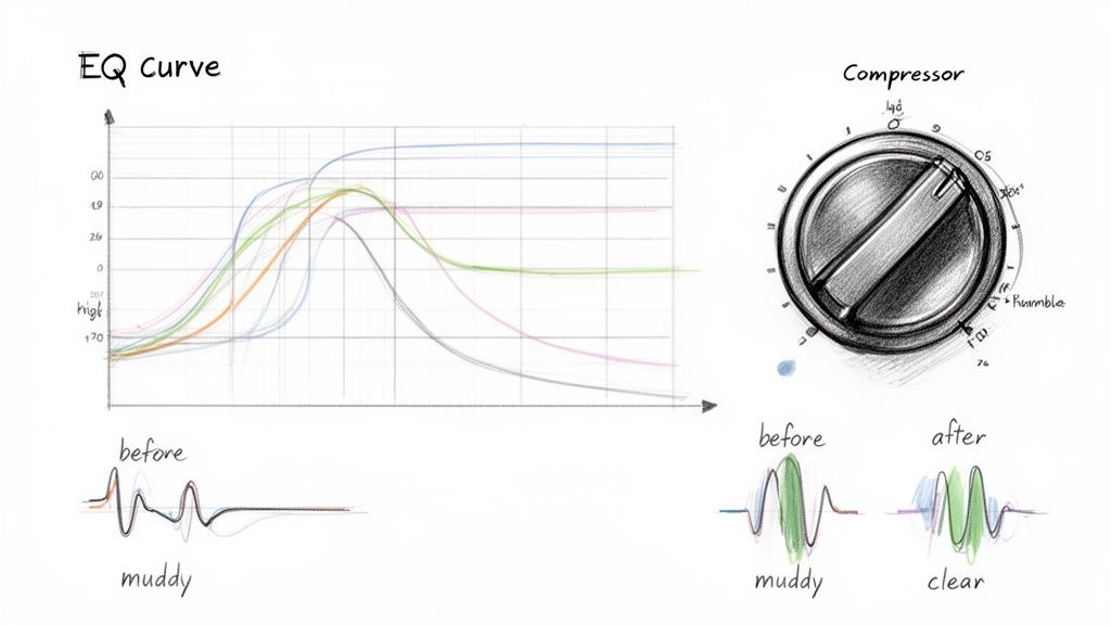 Visual explanation of audio equalization and compression with before and after waveform examples.